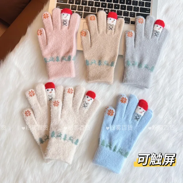 时尚毛线手套女士韩版触屏雪人可爱加绒加厚防风骑行开车学生保暖