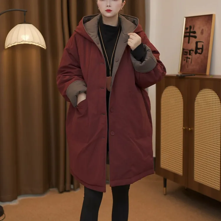 冬季新款连帽中长款加厚两面穿宽松显瘦时尚休闲棉服女9272