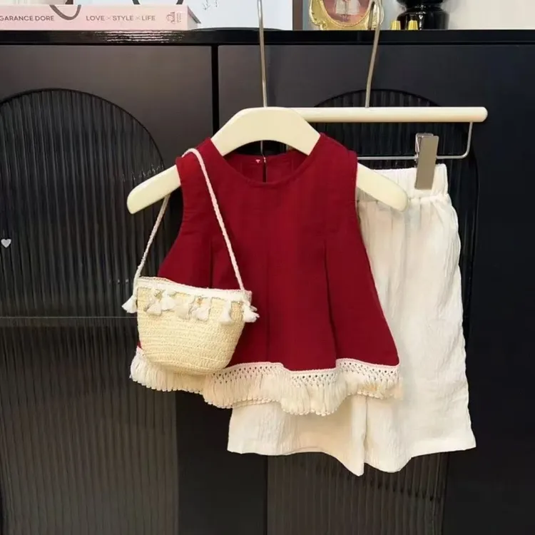 女童套装2025夏季韩版爆款时髦洋气红色流苏背心山本阔腿裤两件套