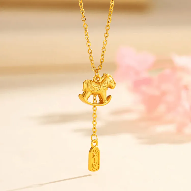 铜合金项链 马上有钱平安牌流苏小马锁骨链女时尚可爱祈福坠链
