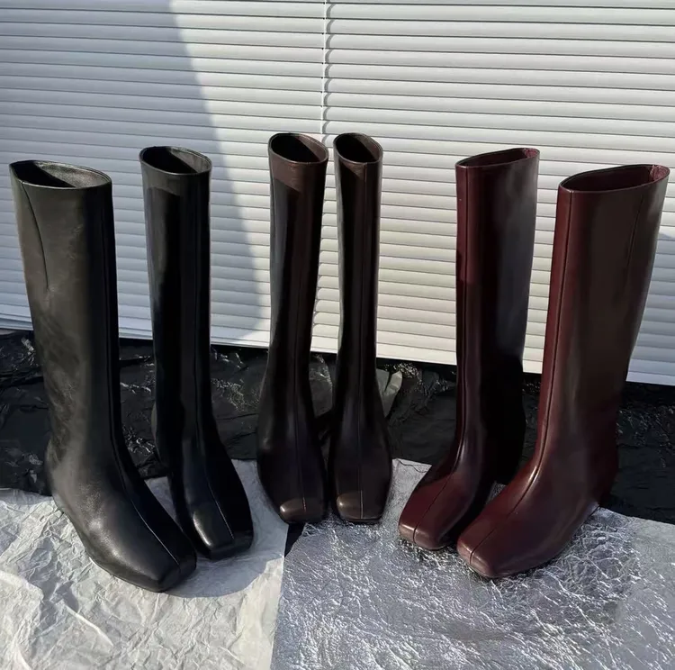 牛皮/4cm大筒围真皮内增高方头显瘦修饰腿型单里加绒两版本长筒靴