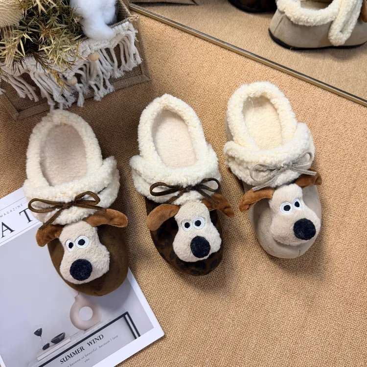 细细条情侣可爱卡通小狗毛毛拖鞋秋冬新款百搭时尚防滑保暖拖鞋女