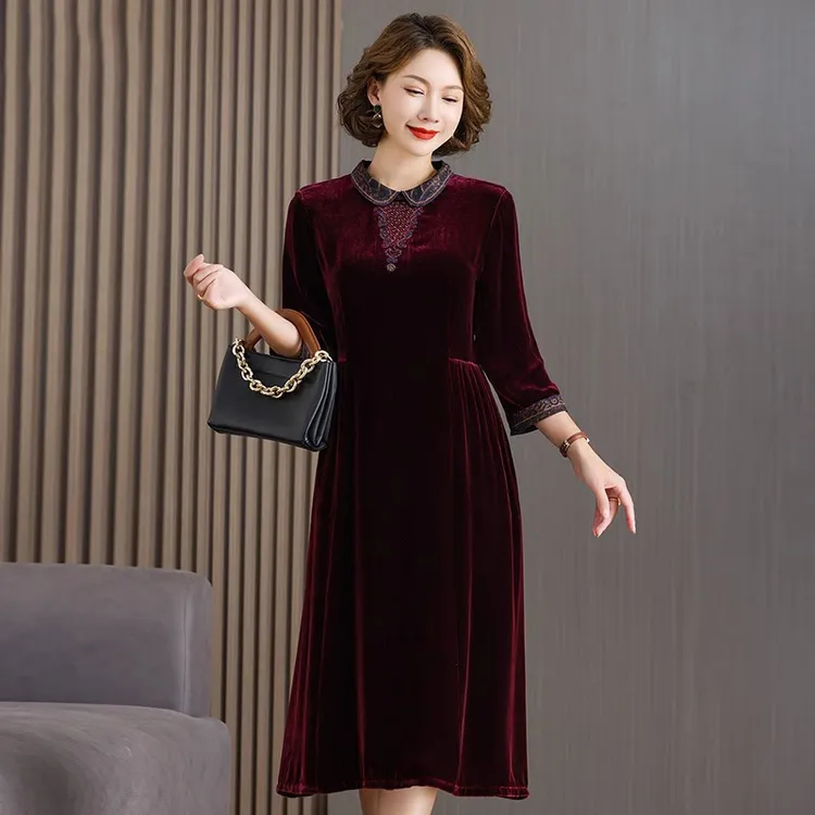 丝绒真丝连衣裙高端喜婆婆婚宴装礼服秋冬桑蚕丝金丝绒高贵真丝绒