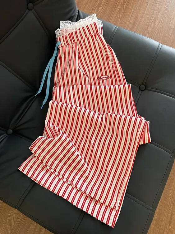 【DMXJ大梦想家】甜美可爱学生条纹睡裤女夏季款修身高腰休闲家居裤