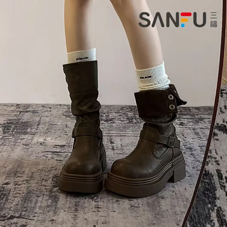 三福两穿厚底不过膝高筒靴子女复古英伦风皮带扣骑士靴美拉德棕色
