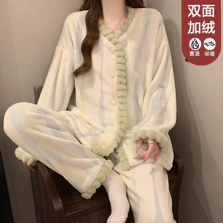 【星】秋冬加厚开衫毛绒可爱睡衣女可外穿家居服套装5062