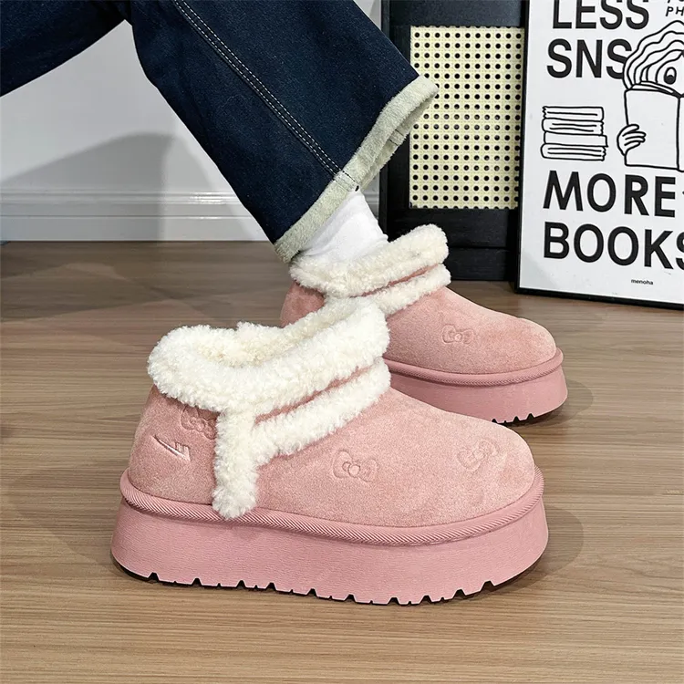 回力厚底雪地靴女冬季加绒保暖短筒靴驼色复古时尚可爱毛毛棉鞋女