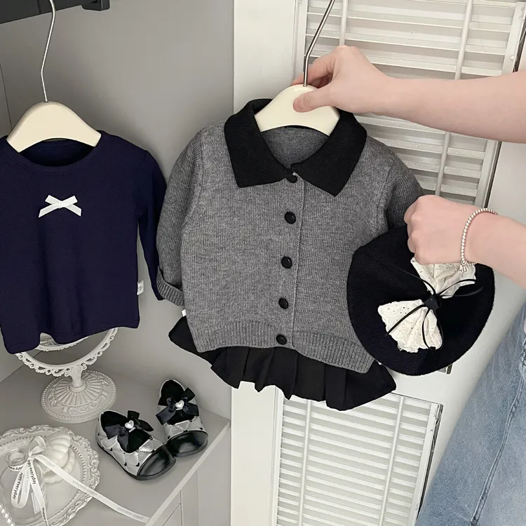韩版女童学院风套装春秋季宝宝翻领针织开衫半身百褶裙时髦外出服