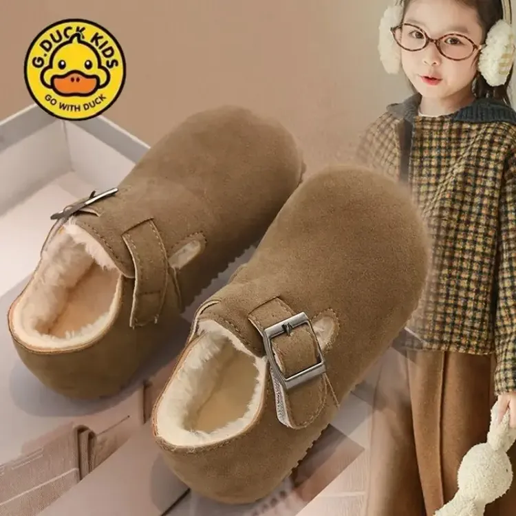 小黄鸭男女童加绒勃肯鞋秋冬季3岁儿童宝宝加厚棉鞋软底雪地靴潮