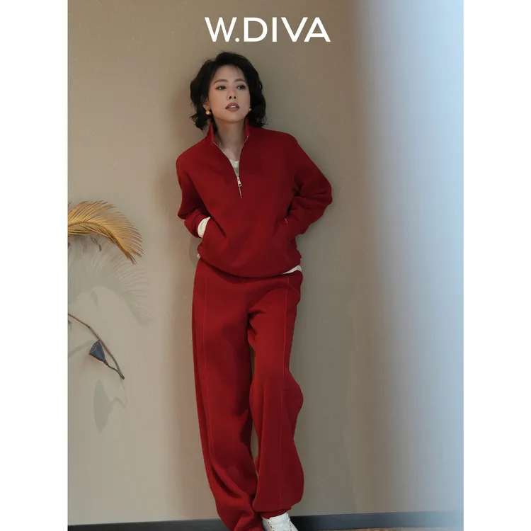 W.Diva【口碑套装】秋冬半拉链POLO领休闲套装卫衣休闲裤54D113372