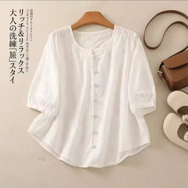 夏季衬衫上衣娃娃衫韩版刺绣五分袖小衫2025夏季新款时尚衬衣减龄