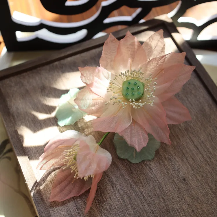【荷华】粉色荷花仿烫花发夹绢花发饰古风汉服头饰新中式国风配饰