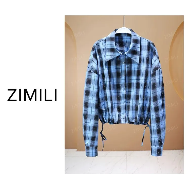 【亮哥女装】2025冬季新品《星空》星蓝撞色抽绳格子休闲衬衣10026