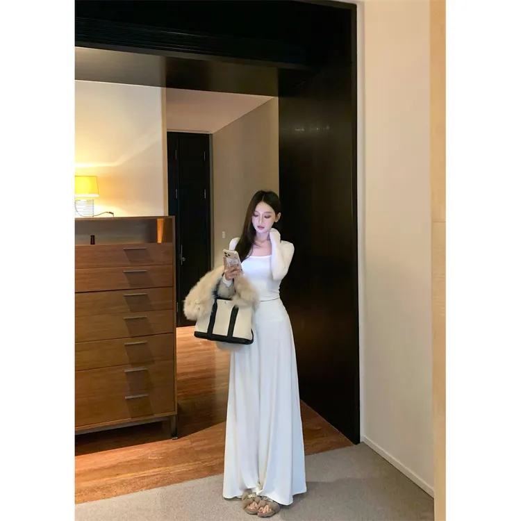 复古时尚长袖U领短上衣修身高腰大裙摆半身裙套装#A831