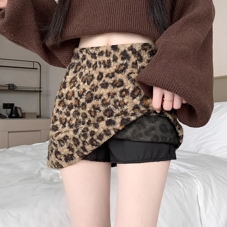 复古豹纹羊羔毛半身裙女秋冬加厚美式辣妹风高腰显瘦A字包臀短裙