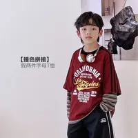 9.15号新品 男童T恤儿童假两件长袖撞色街头风痞帅上衣5097723O2