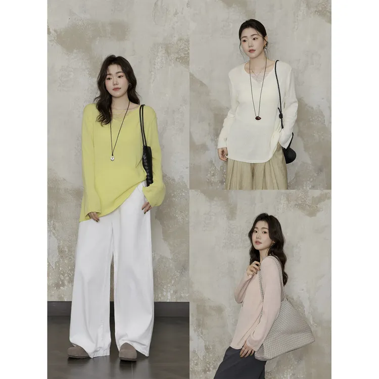 现货大婉酱微胖定制【慵懒衫】v领镂空针织衫薄款慵懒长袖上衣8844D