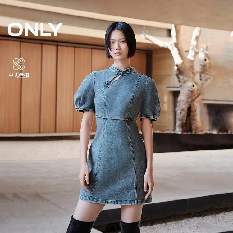 ONLY2025秋季新款新中式盘扣泡泡袖牛仔短裙连衣裙女|125142008