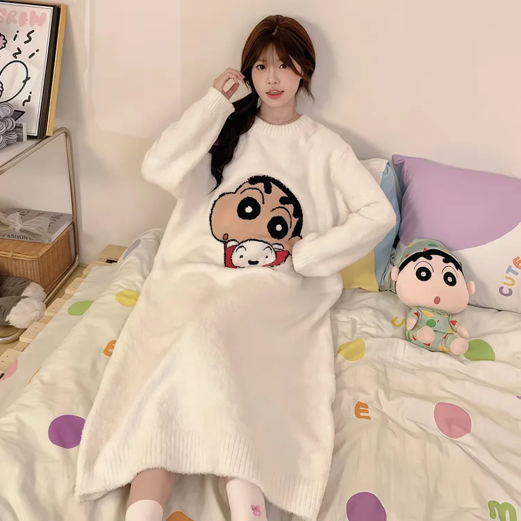 【蜡笔小新联名】半边绒睡袍睡裙女士秋冬季保暖加厚睡衣家居服