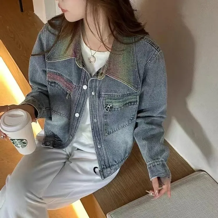 欧洲站2025春季新款复古彩色翻领短款牛仔外套女长袖工装夹克上衣