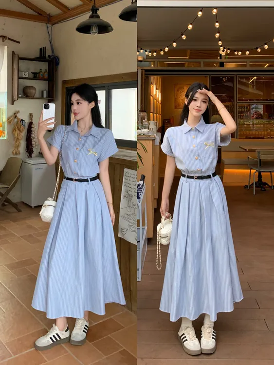 大码女装2025夏季新款百搭显瘦文艺蓝色连衣裙女装面试裙子