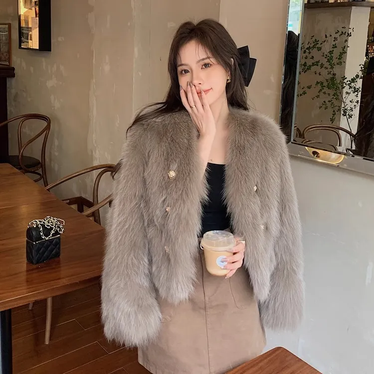 海宁环保毛毛仿皮草外套女秋冬气质名媛双排扣宽松加厚毛茸茸上衣