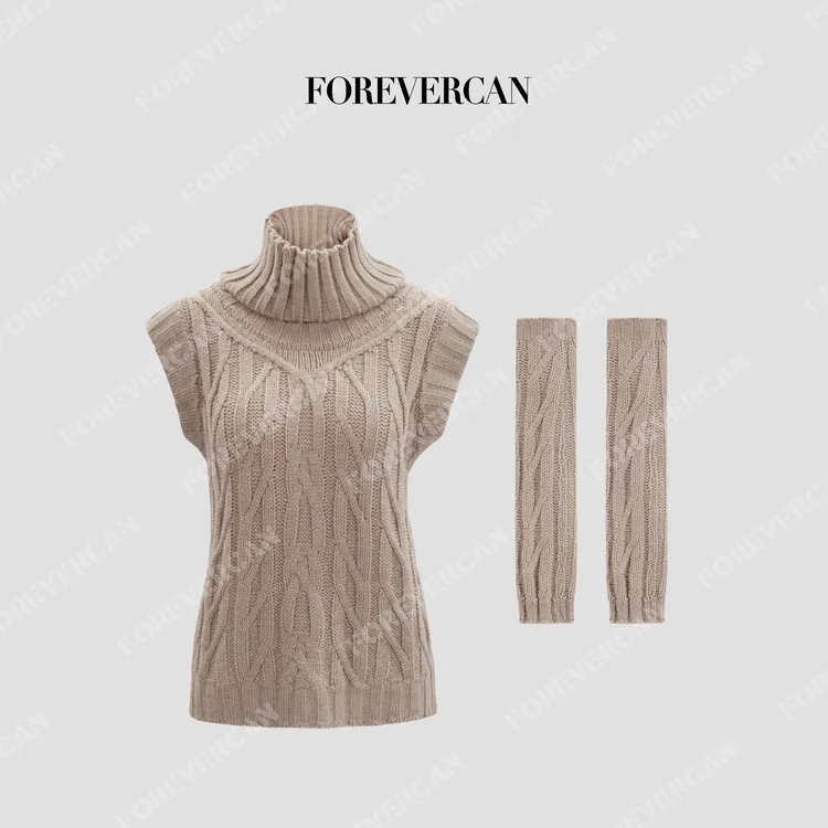 FOREVERCAN“香榭乐章”千金感绞花袖套羊毛高领针织背心MY4712