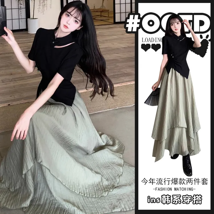 2025夏季新款气质新中式套装女国风修身显瘦不规则上衣高腰半身裙