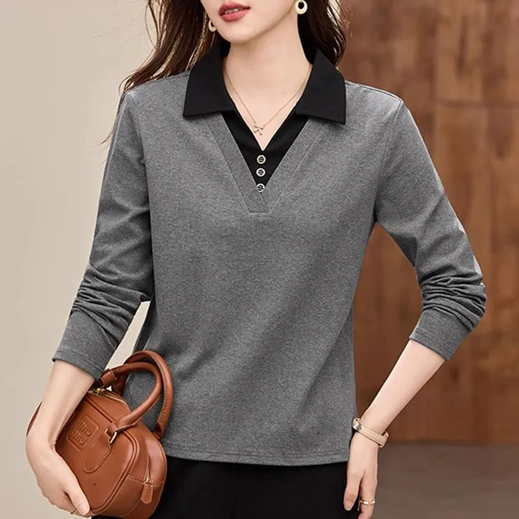 翻领长袖t恤女2025新款春秋装爆款洋气外穿polo领正肩上衣打底衫