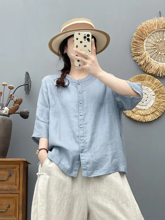 [100%苎麻]夏季中袖纯色显瘦百搭时尚减龄圆领小衫女上衣