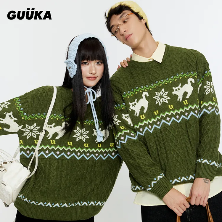 Guuka/古由卡潮牌猫咪提花费尔岛毛衣男冬季加厚麻花圆领M5623