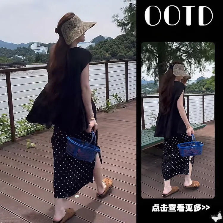 【现货】夏穿搭一整套2025新款韩版慵懒风宽松短袖开叉半身裙两件套