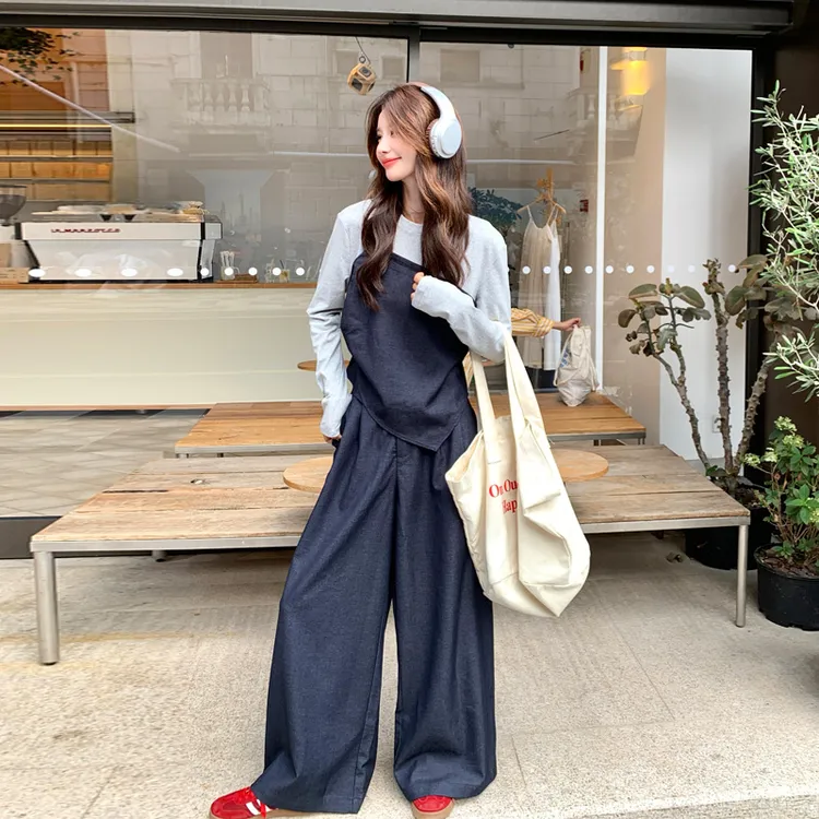 休闲慵懒风撞色上衣阔腿裤2025春秋新款小众韩系ins风松弛感套装