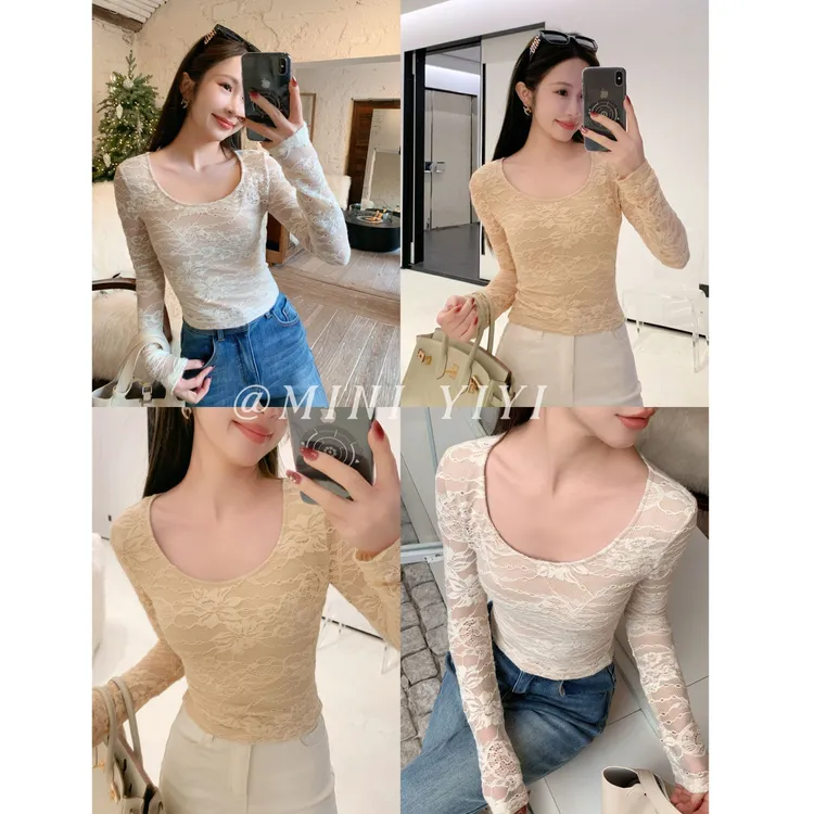 【攻心蕾丝】<YiYiii>小个子法式纯欲提花蕾丝U领秋冬修身上衣