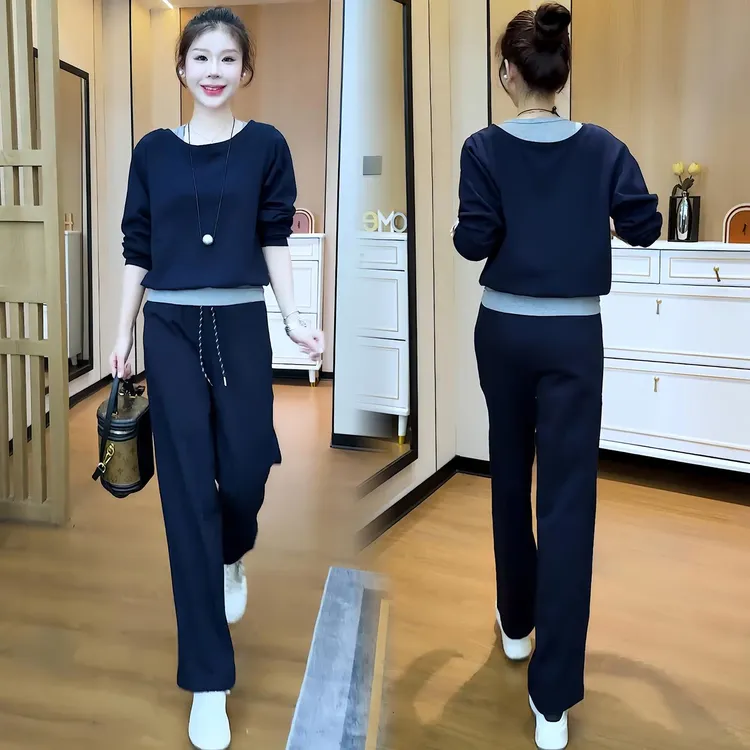 2025春秋季新款女士休闲时尚套装假两件洋气卫衣高腰直筒裤一整套