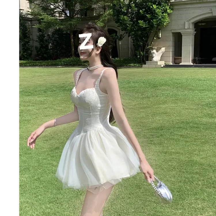 法式轻纱小礼服连衣裙泰式小众白色吊带超仙女蓬蓬裙红色连衣裙女