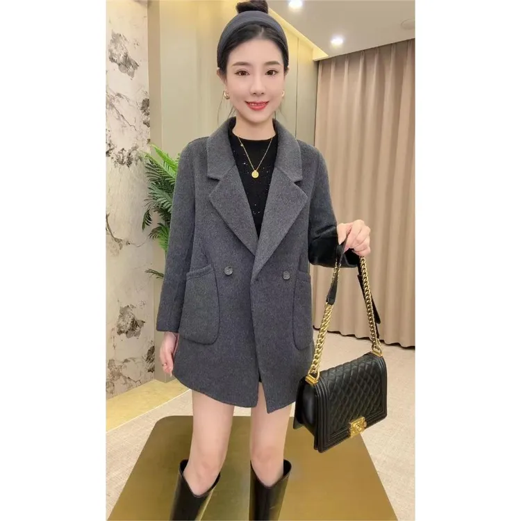  秋季高端大兜中长款风衣领羊毛大衣外套（手缝羊毛大衣）