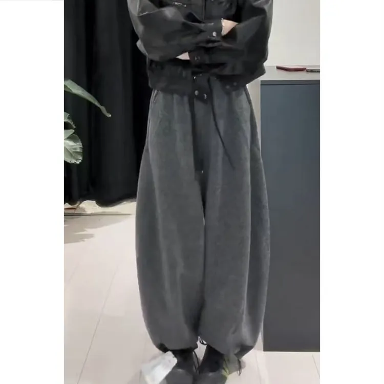 艾塔莉秋季厚款毛呢休闲裤垂感宽松阔腿裤长裤松紧腰显瘦遮肉女裤
