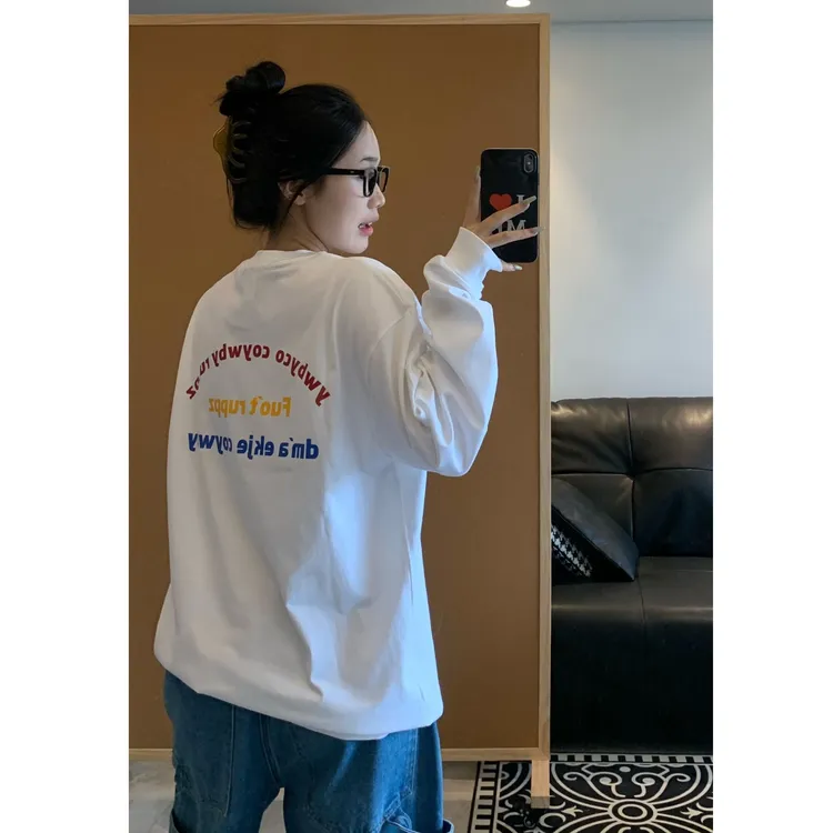 YWBY春秋重磅女装宽松纯棉长袖t恤女百搭韩版休闲慵懒风圆领上衣