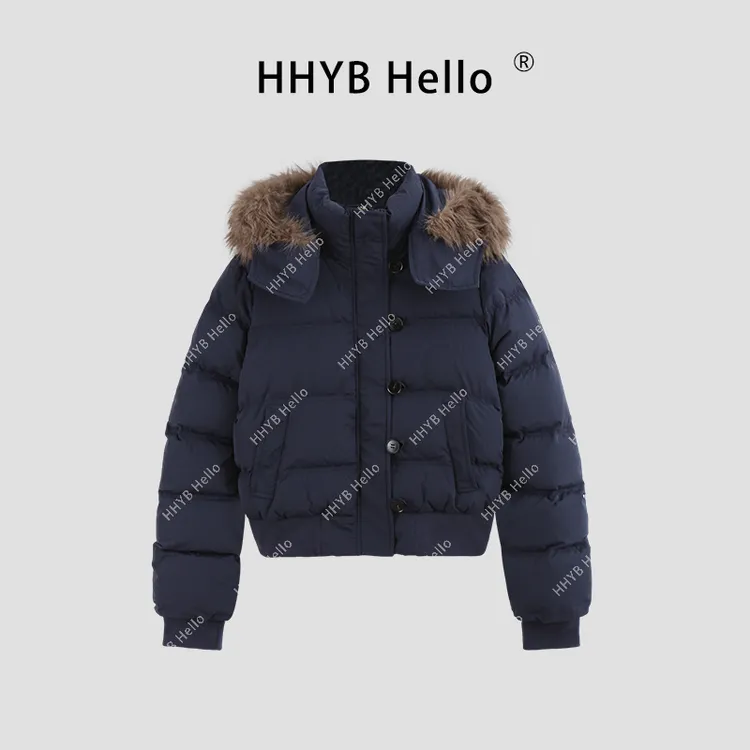 HHYB Hello【售完不补】2024冬季藏青连帽毛领休闲棉服女Q245058