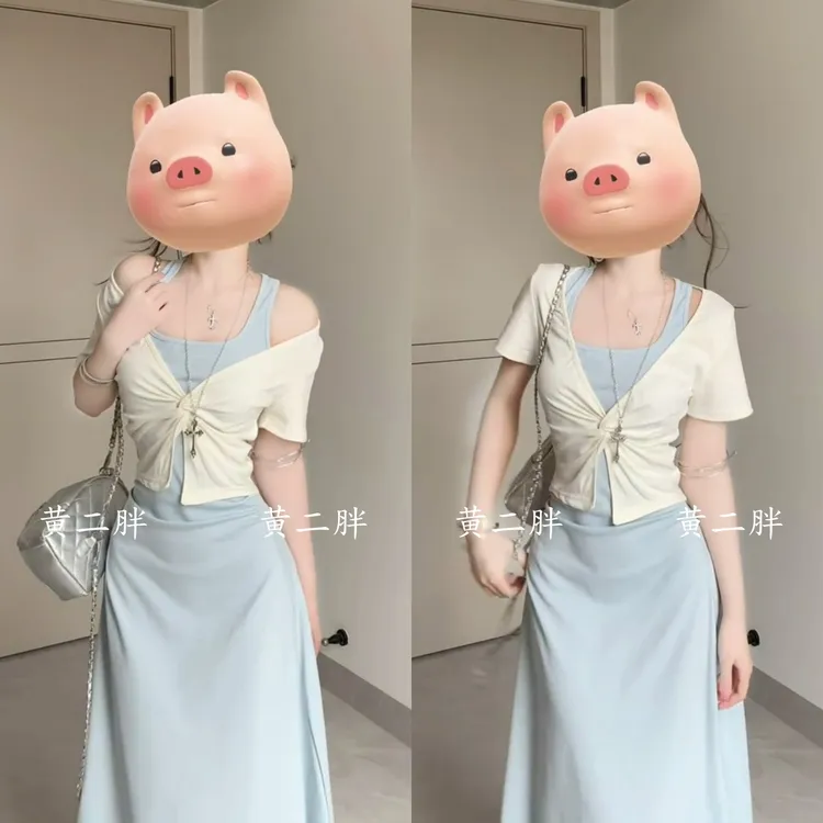 2025韩系温柔扭结设计感开衫+撞色气质纯欲挂脖连衣裙时尚套装