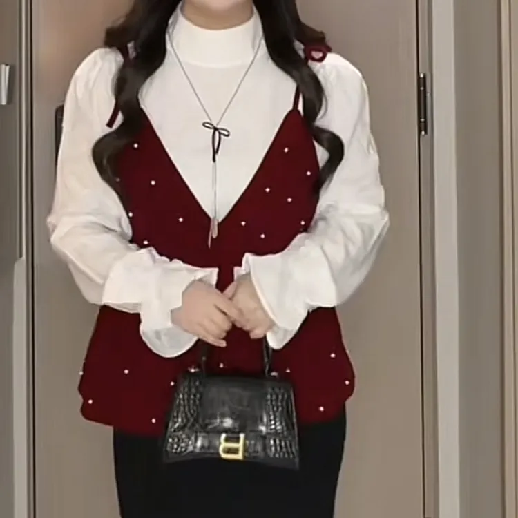 韩系法式氛围感平绒裙摆吊带背心叠穿长袖衬衫半裙裙女冬季新款