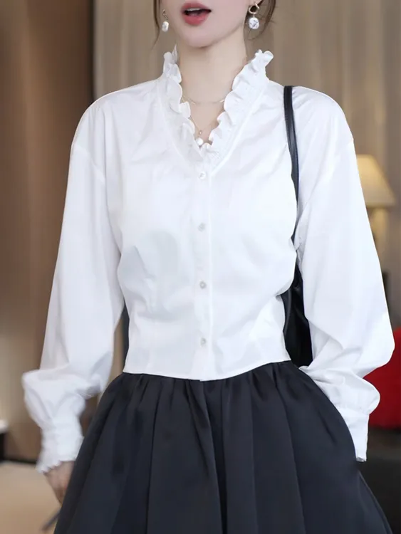 白色气质木耳边长袖衬衫女装2025秋季新款设计感小众收腰显瘦上衣