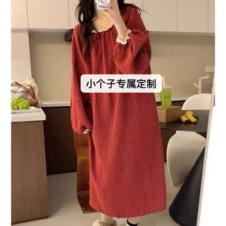 小个子定制甜美秋款长袖睡裙小碎花家居服圆领蕾丝边睡袍宽松长裙