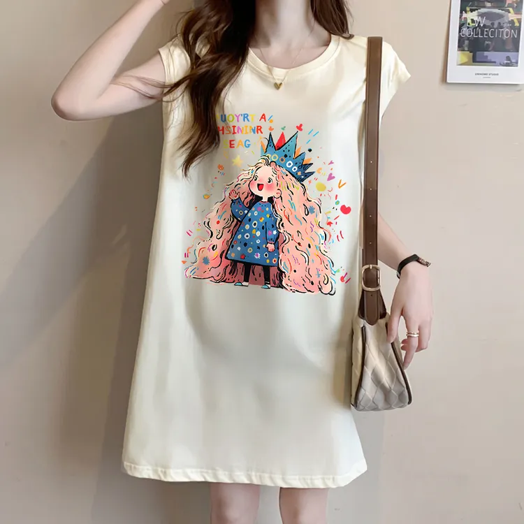 oversize纯棉无袖T恤裙女夏季韩版宽松时尚中长款卡通减龄连衣裙
