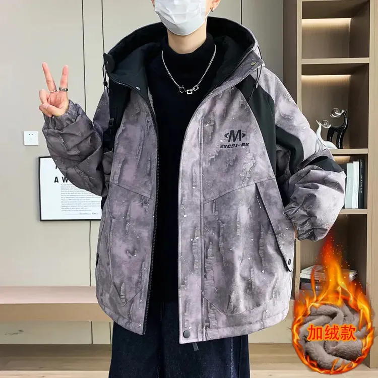 冬季青少年加绒加厚外套潮流帅气男生保暖派克服宽松时尚连帽夹克