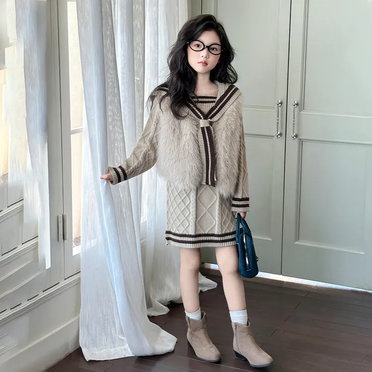 女童韩系洋气秋冬毛衣套装2025新款中大童女孩百搭马甲时髦毛衣裙