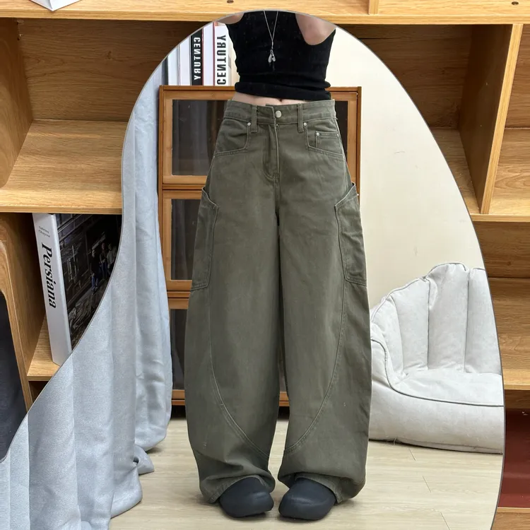 曹漂亮卡其色百搭美式复古直筒高腰大口袋弯刀牛仔裤女拖地阔腿裤