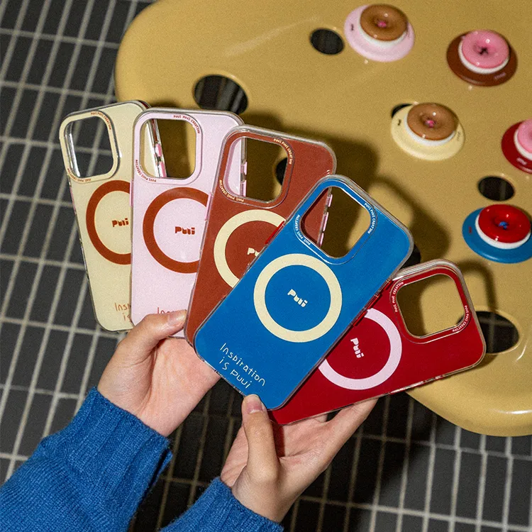 Puui原创适用苹果纯色简约纽扣手机壳苹果带链条磁吸支架-包豪斯