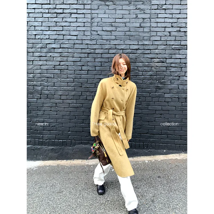 THREE GOOOD/三吉 69绵羊毛立领双排扣长款廓形双面呢Y725Z19132